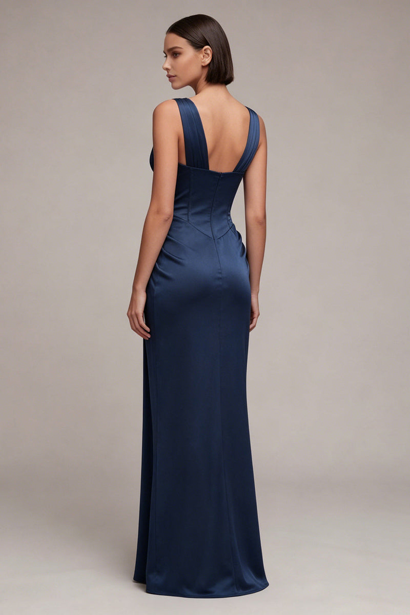 Load image into Gallery viewer, Navy Corset Mermaid Ruched V-Neck Long Formal Dress with Lace