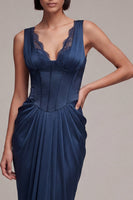 Load image into Gallery viewer, Navy Corset Mermaid Ruched V-Neck Long Formal Dress with Lace