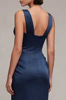 Load image into Gallery viewer, Navy Corset Mermaid Ruched V-Neck Long Formal Dress with Lace