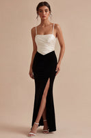 Load image into Gallery viewer, Black and White Ruched Spaghetti Straps Long Mermaid Formal Dress with Slit