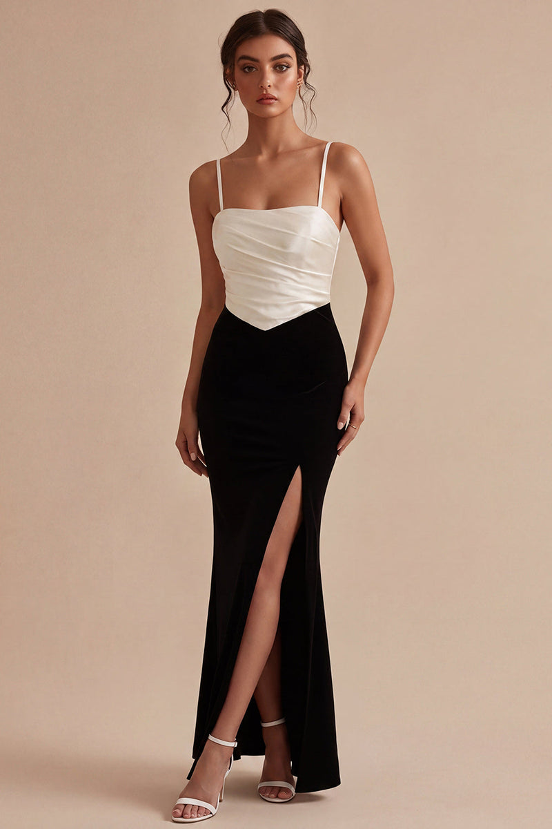 Load image into Gallery viewer, Black and White Ruched Spaghetti Straps Long Mermaid Formal Dress with Slit