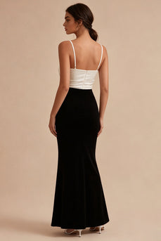 Black and White Ruched Spaghetti Straps Long Mermaid Formal Dress with Slit