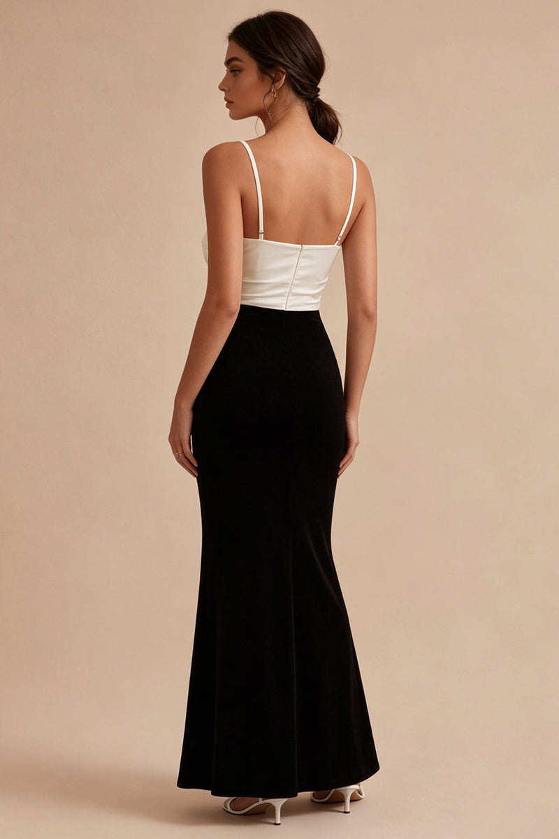 Load image into Gallery viewer, Black and White Ruched Spaghetti Straps Long Mermaid Formal Dress with Slit