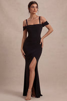 Load image into Gallery viewer, Black Mermaid Cold Shoulder Ruched Long Formal Dress with Slit