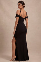 Load image into Gallery viewer, Black Mermaid Cold Shoulder Ruched Long Formal Dress with Slit
