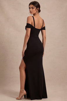 Black Mermaid Cold Shoulder Ruched Long Formal Dress with Slit