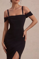 Load image into Gallery viewer, Black Mermaid Cold Shoulder Ruched Long Formal Dress with Slit