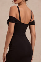 Load image into Gallery viewer, Black Mermaid Cold Shoulder Ruched Long Formal Dress with Slit