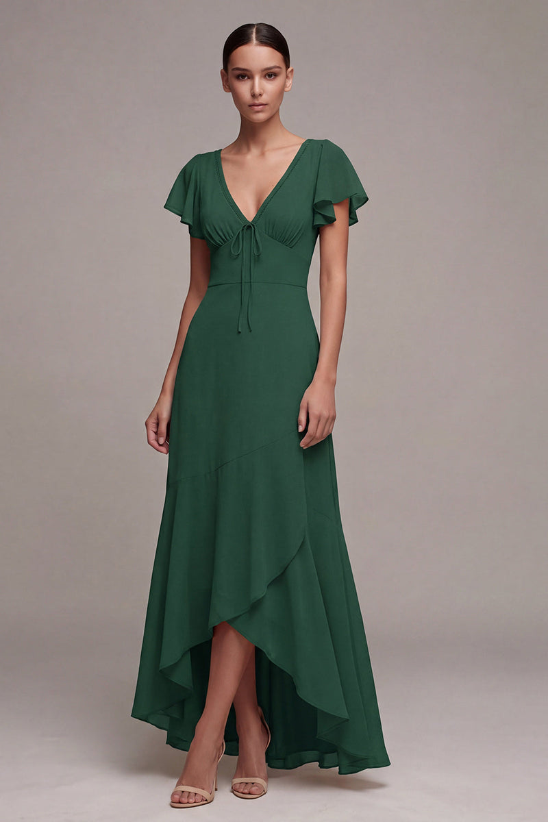 Load image into Gallery viewer, Dark Green V-Neck A Line High Low Formal Dress