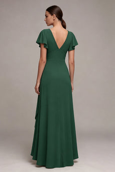Dark Green V-Neck A Line High Low Formal Dress