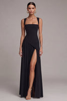 Load image into Gallery viewer, Square Neck Black A Line Long Formal Dress with Slit