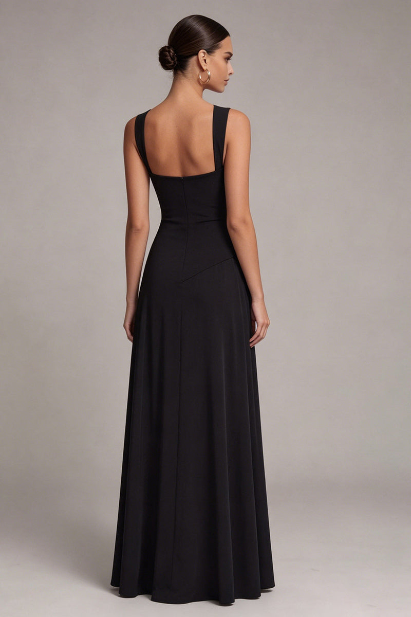 Load image into Gallery viewer, Square Neck Black A Line Long Formal Dress with Slit