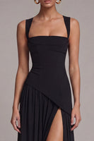 Load image into Gallery viewer, Square Neck Black A Line Long Formal Dress with Slit