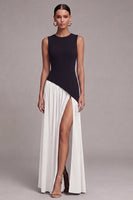 Load image into Gallery viewer, Black and White Round Neck Sheath Long Formal Dress with Slit