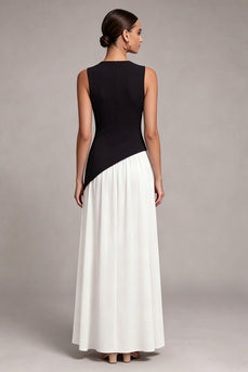 Black and White Round Neck Sheath Long Formal Dress with Slit
