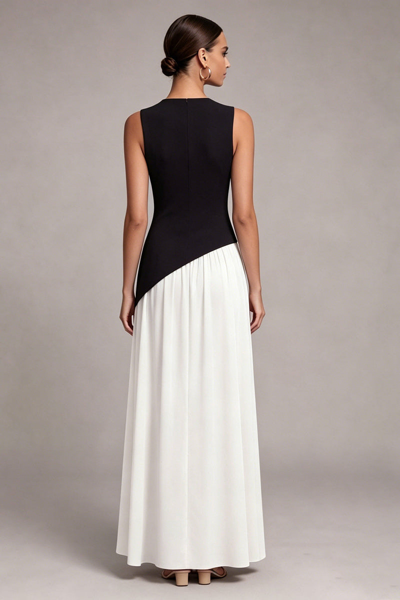 Load image into Gallery viewer, Black and White Round Neck Sheath Long Formal Dress with Slit