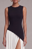 Load image into Gallery viewer, Black and White Round Neck Sheath Long Formal Dress with Slit