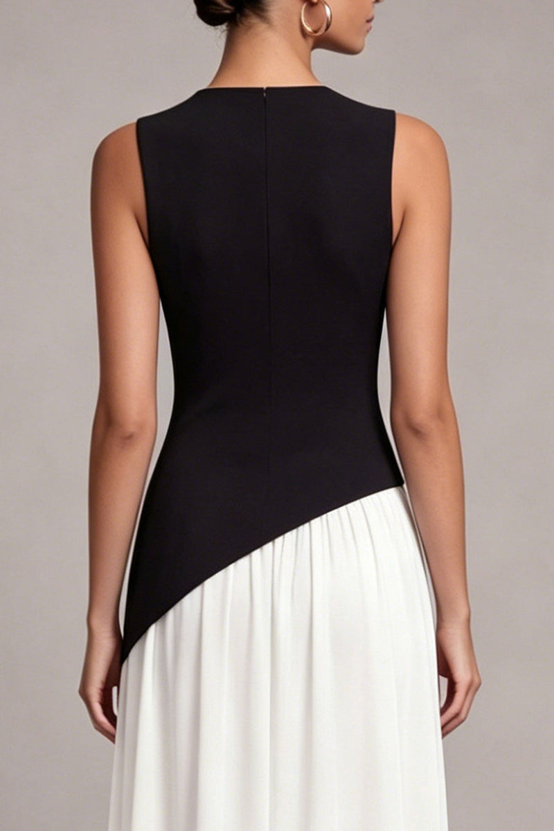 Load image into Gallery viewer, Black and White Round Neck Sheath Long Formal Dress with Slit