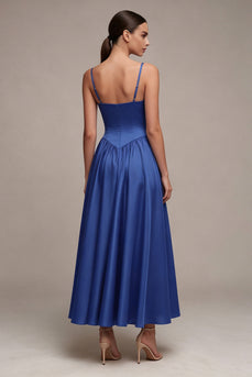 Royal Blue Spaghetti Straps A Line Basque Waist Long Formal Dress
