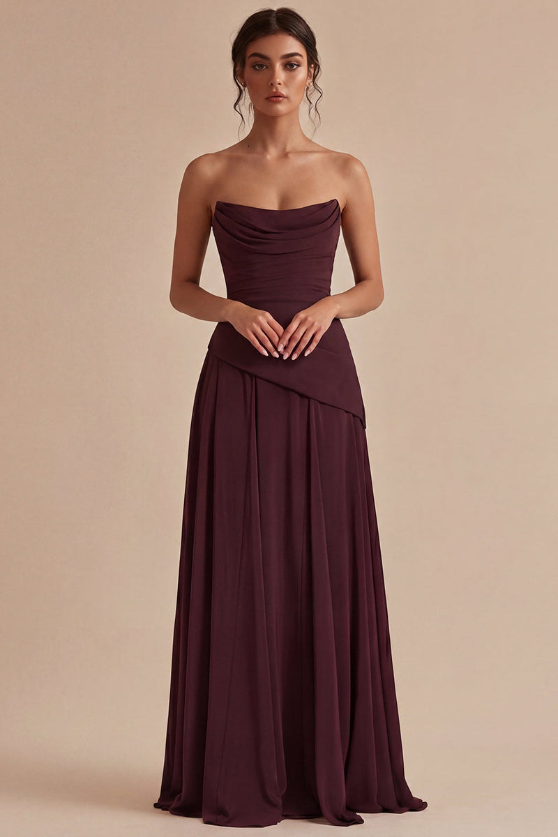 Load image into Gallery viewer, Burgundy A Line Strapless Ruched Long Formal Dress
