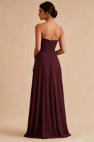 Load image into Gallery viewer, Burgundy A Line Strapless Ruched Long Formal Dress