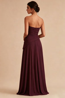 Burgundy A Line Strapless Ruched Long Formal Dress