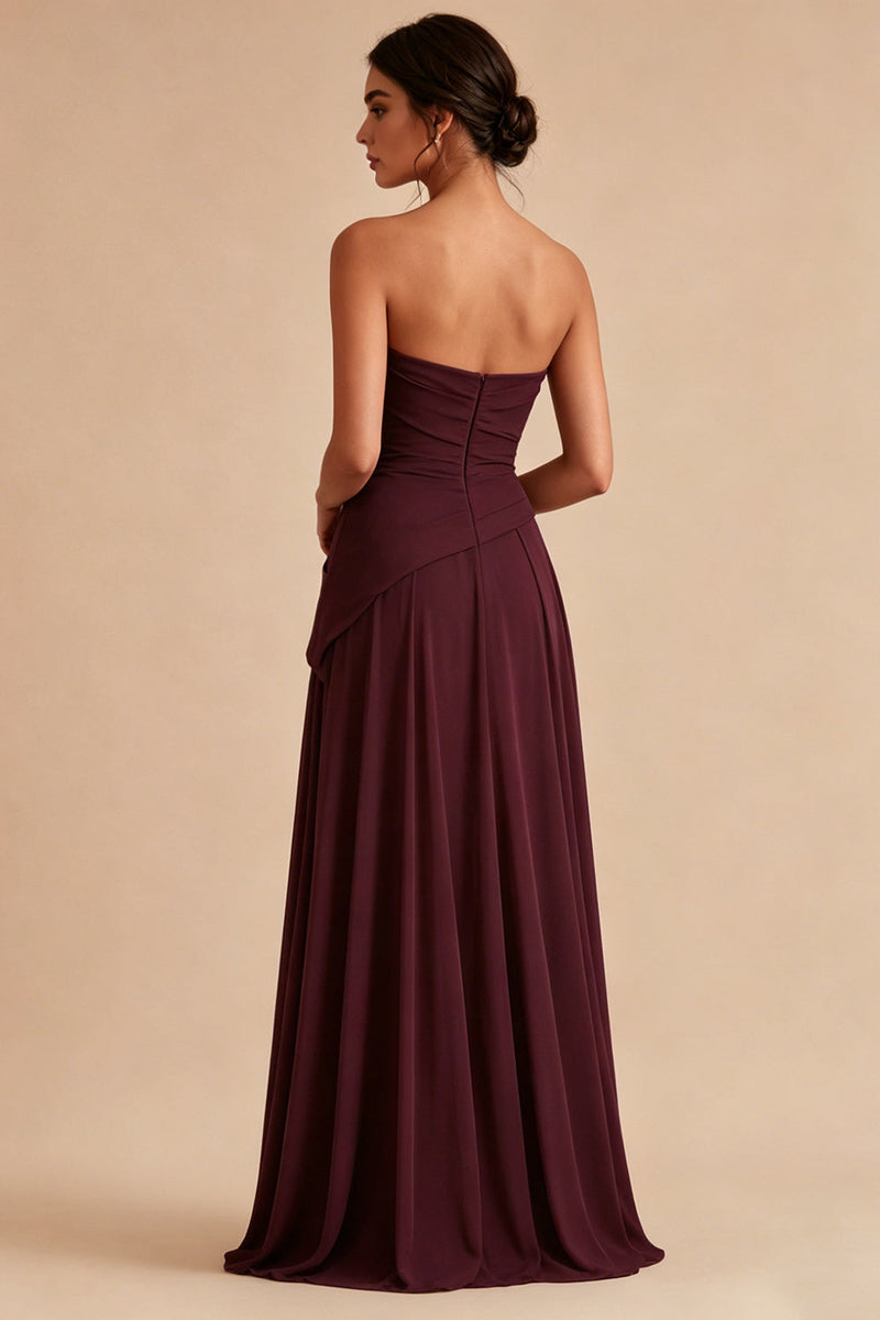 Load image into Gallery viewer, Burgundy A Line Strapless Ruched Long Formal Dress