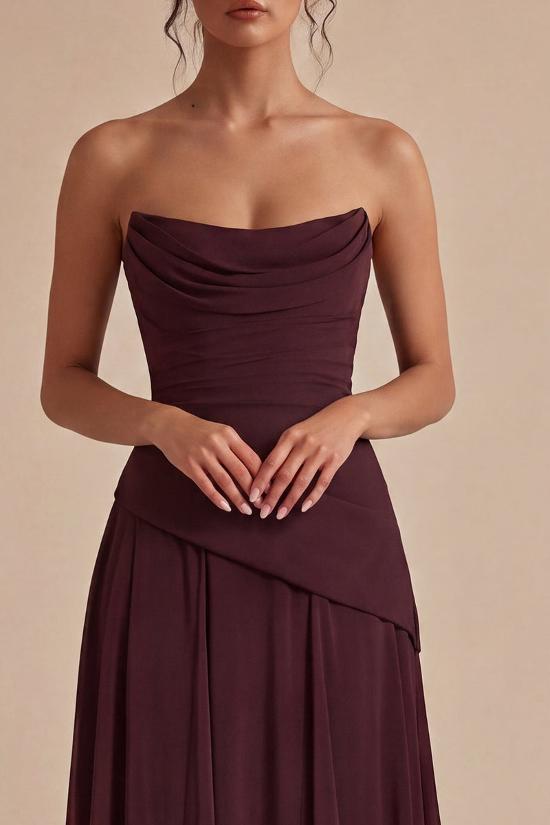 Load image into Gallery viewer, Burgundy A Line Strapless Ruched Long Formal Dress