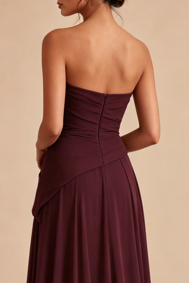 Load image into Gallery viewer, Burgundy A Line Strapless Ruched Long Formal Dress