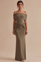 Load image into Gallery viewer, Khaki Mermaid Off the Shoulder Ruched Long Formal Dress