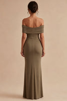 Load image into Gallery viewer, Khaki Mermaid Off the Shoulder Ruched Long Formal Dress
