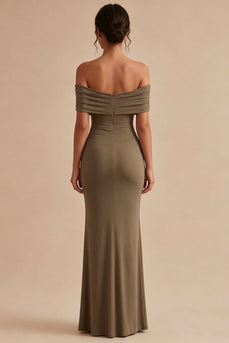 Khaki Mermaid Off the Shoulder Ruched Long Formal Dress