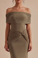 Load image into Gallery viewer, Khaki Mermaid Off the Shoulder Ruched Long Formal Dress