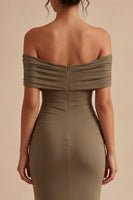 Load image into Gallery viewer, Khaki Mermaid Off the Shoulder Ruched Long Formal Dress