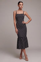 Load image into Gallery viewer, Black and White Spaghetti Straps Mermaid Maxi Polka Dots Dress