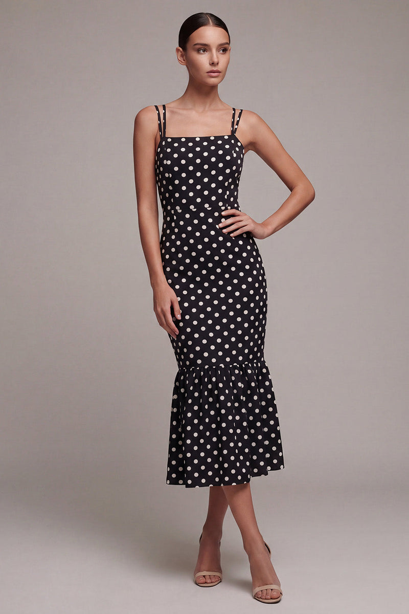 Load image into Gallery viewer, Black and White Spaghetti Straps Mermaid Maxi Polka Dots Dress