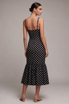 Black and White Spaghetti Straps Mermaid Maxi Polka Dots Dress