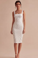 Load image into Gallery viewer, White and Black Bodycon Square Neck Midi Polka Dots Dress
