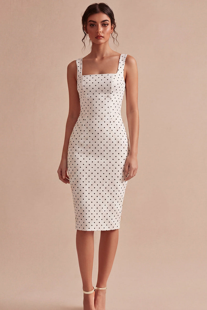 Load image into Gallery viewer, White and Black Bodycon Square Neck Midi Polka Dots Dress