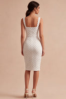 Load image into Gallery viewer, White and Black Bodycon Square Neck Midi Polka Dots Dress