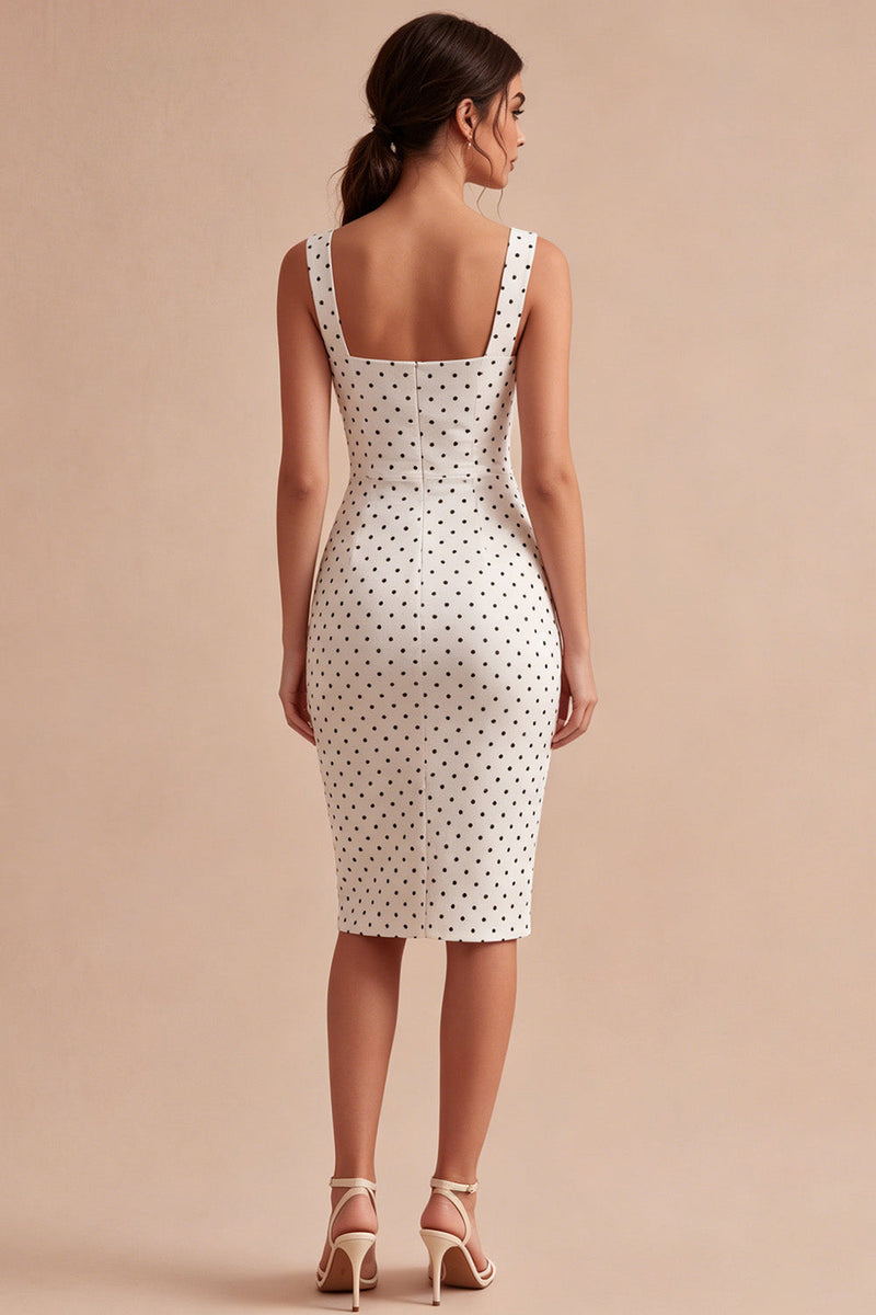 Load image into Gallery viewer, White and Black Bodycon Square Neck Midi Polka Dots Dress