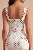 Load image into Gallery viewer, White and Black Bodycon Square Neck Midi Polka Dots Dress
