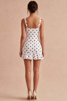 Thick Straps White and Black Short Polka Dots Dress with Ruffles