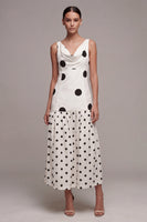 Load image into Gallery viewer, White and Black A Line Cowl Neck Maxi Polka Dots Dress
