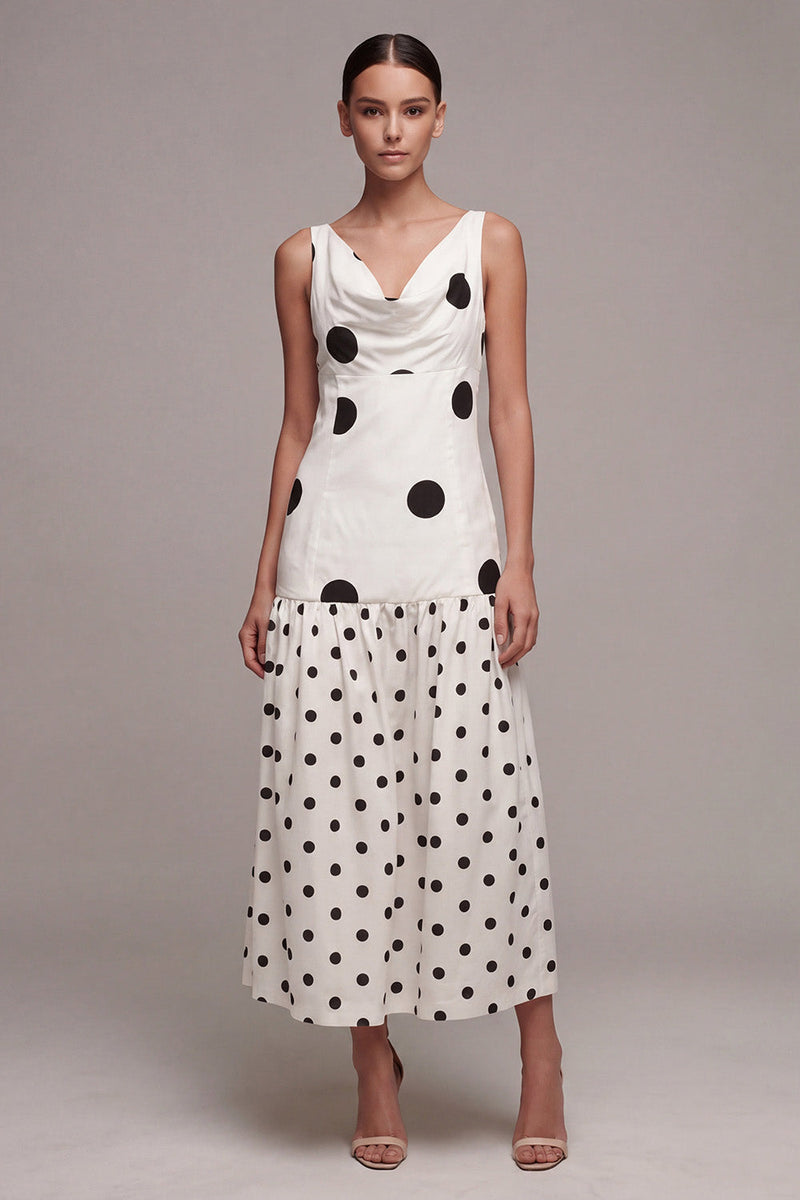 Load image into Gallery viewer, White and Black A Line Cowl Neck Maxi Polka Dots Dress