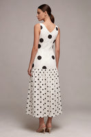 Load image into Gallery viewer, White and Black A Line Cowl Neck Maxi Polka Dots Dress