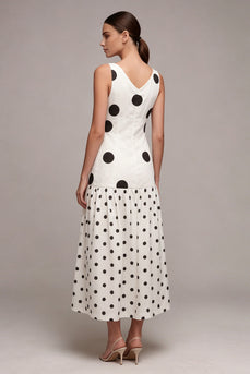 White and Black A Line Cowl Neck Maxi Polka Dots Dress