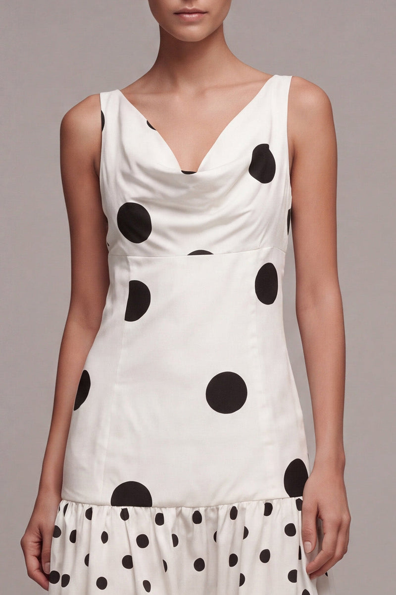 Load image into Gallery viewer, White and Black A Line Cowl Neck Maxi Polka Dots Dress
