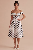 Load image into Gallery viewer, White and Black Off the Shoulder Keyhole A Line Midi Polka Dots Dress