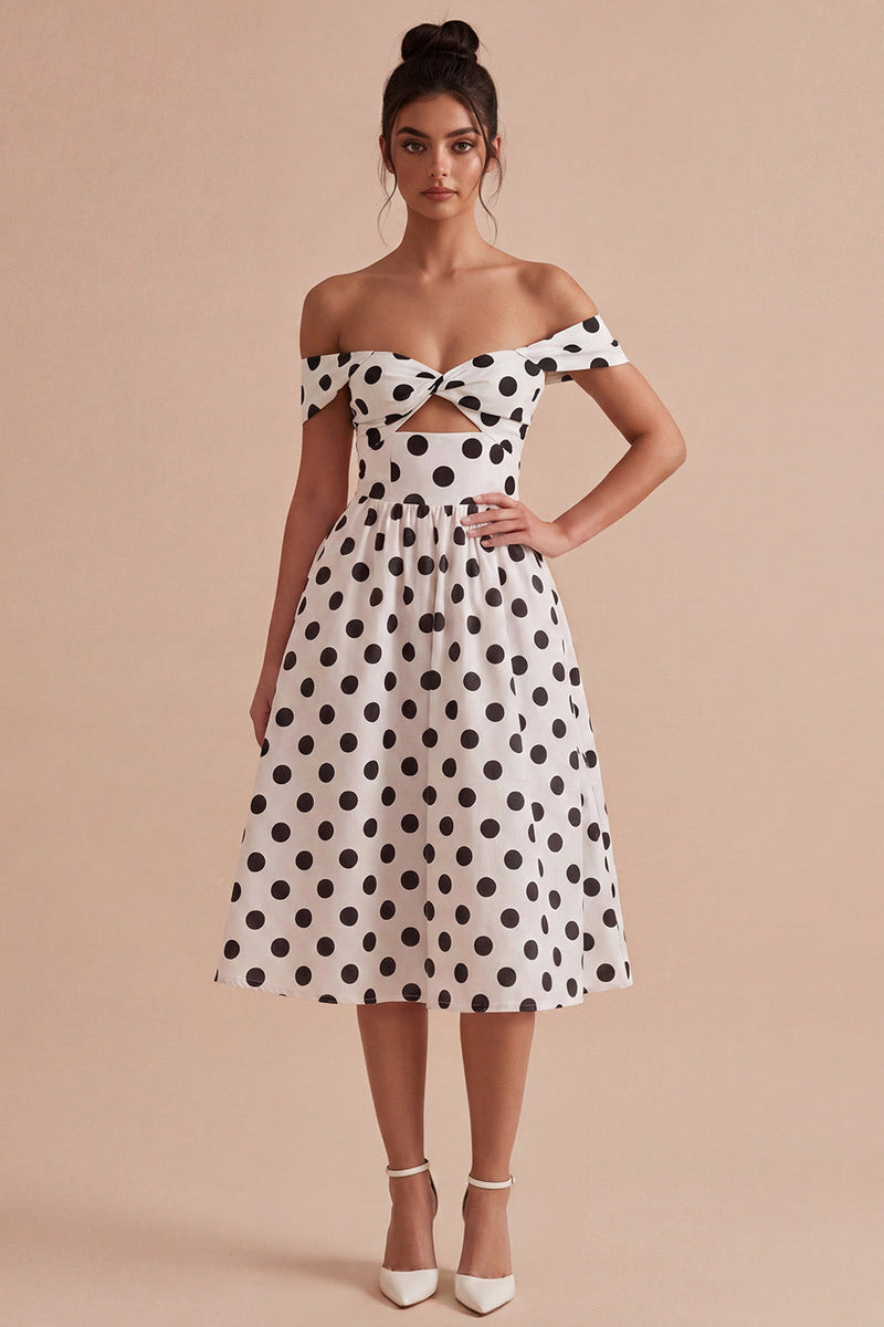 Load image into Gallery viewer, White and Black Off the Shoulder Keyhole A Line Midi Polka Dots Dress